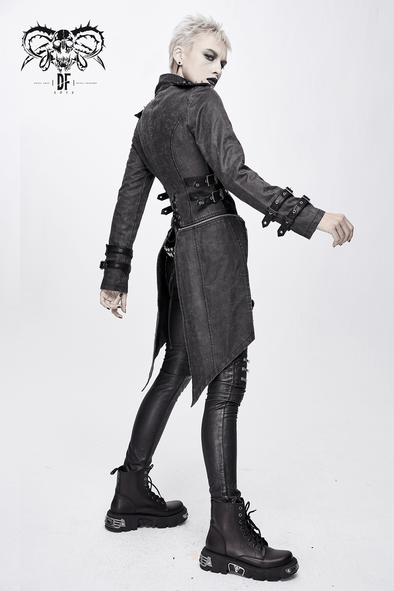 Gothic women's black zipper coat with removable hem and rivets, paired with stylish black boots for a trendy retro look.