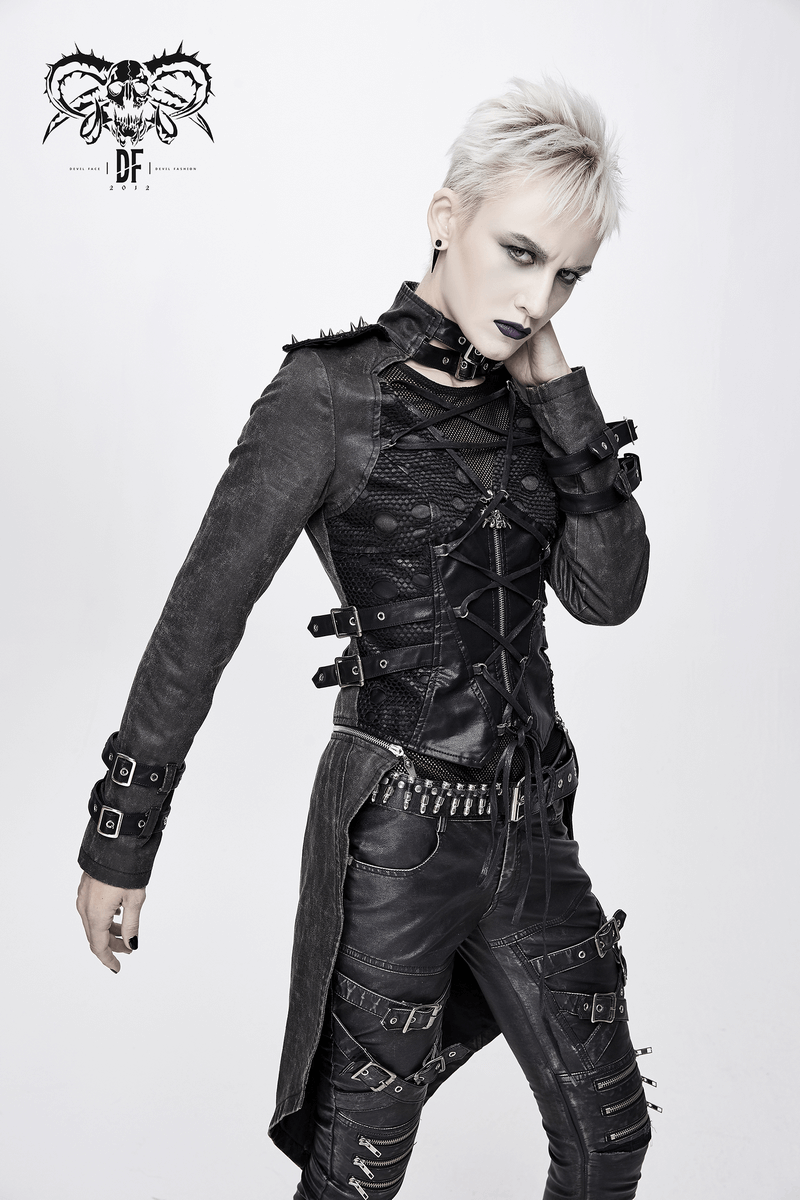 Gothic style black zipper coat with lace-up design, featuring studs and edgy details, perfect for stylish womenswear.