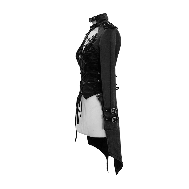 Gothic Style Black Zipper Coat with Removable Hem / Women's Lace up Coat with Rivet on Shoulders - HARD'N'HEAVY