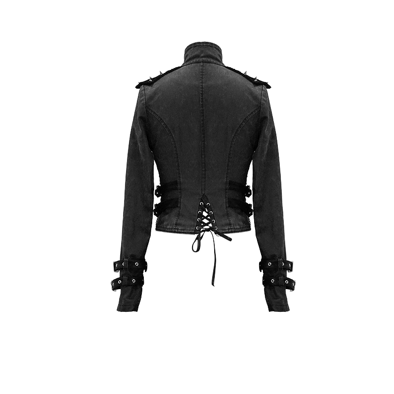 Gothic black zipper coat with removable hem, lace-up back, and rivet shoulder details for stylish women.