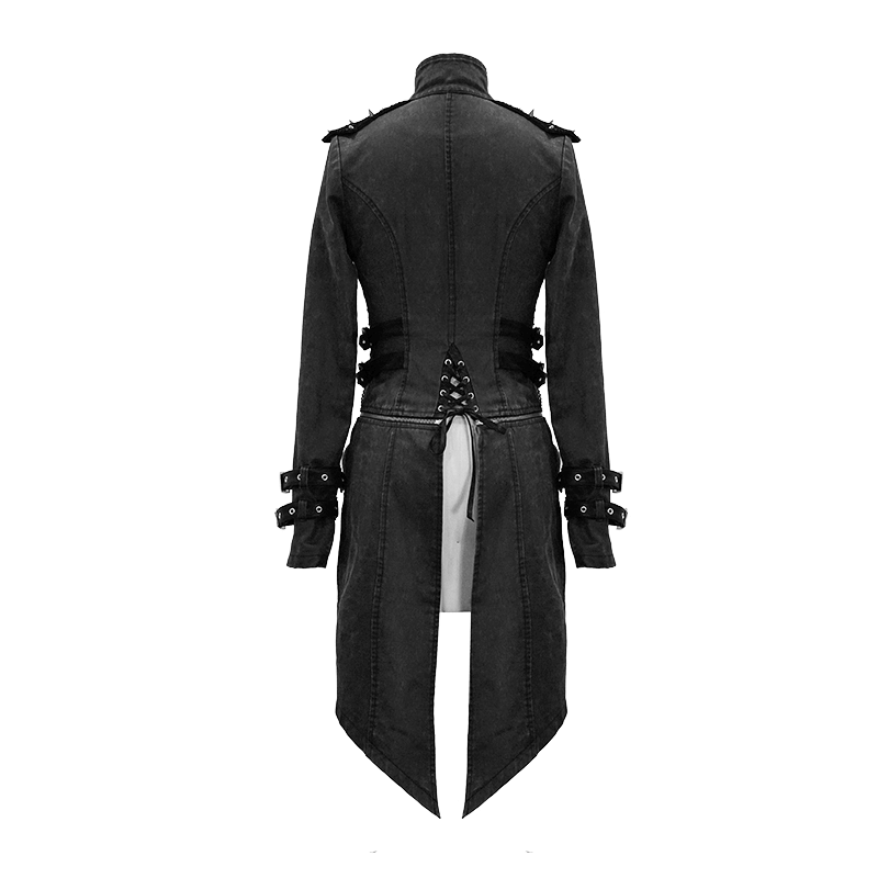 Back view of a gothic style black zipper coat with rivet detailing and removable hem for women.