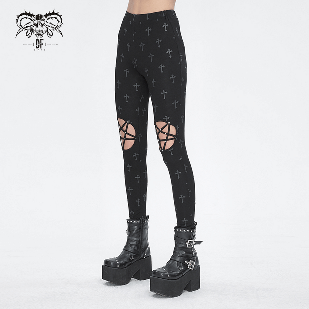 Gothic style cross lace-up leggings for women, featuring a dark cross pattern and edgy knee cutouts.