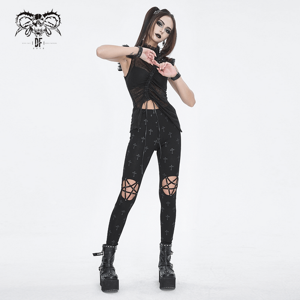Gothic style cross lace-up leggings for women, featuring a punk aesthetic with cross cutouts and dramatic lace-up details.