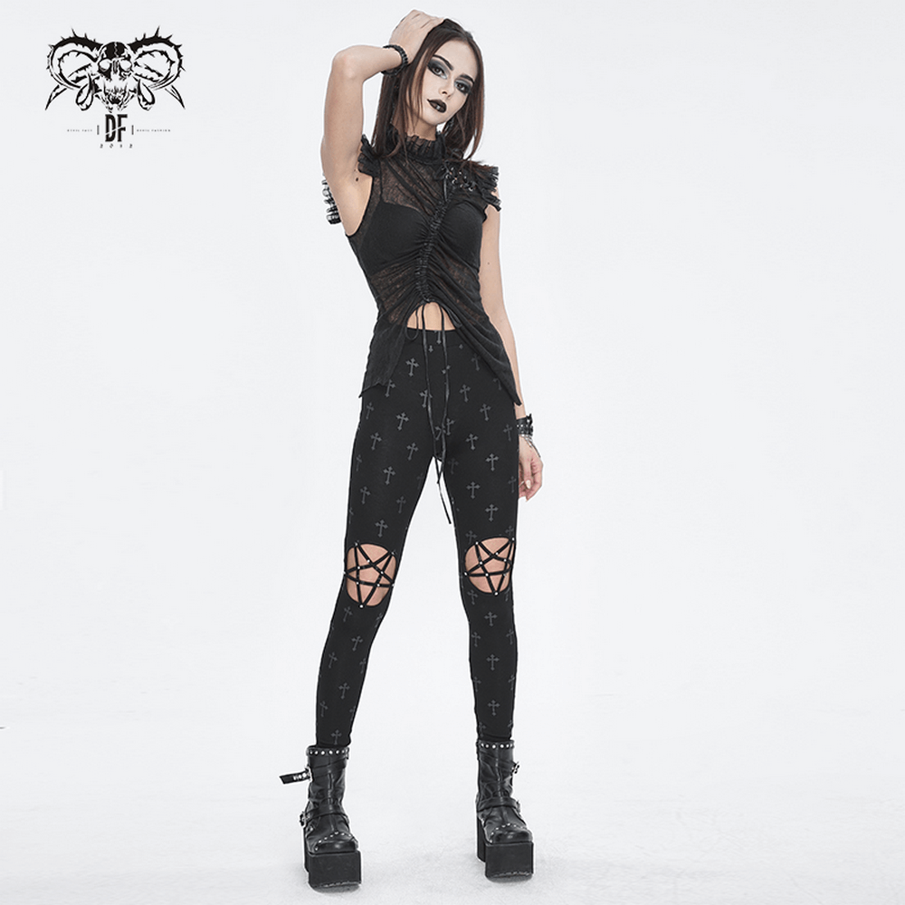 Gothic cross lace-up leggings with punk style and bold cross patterns, perfect for dark fashion lovers.