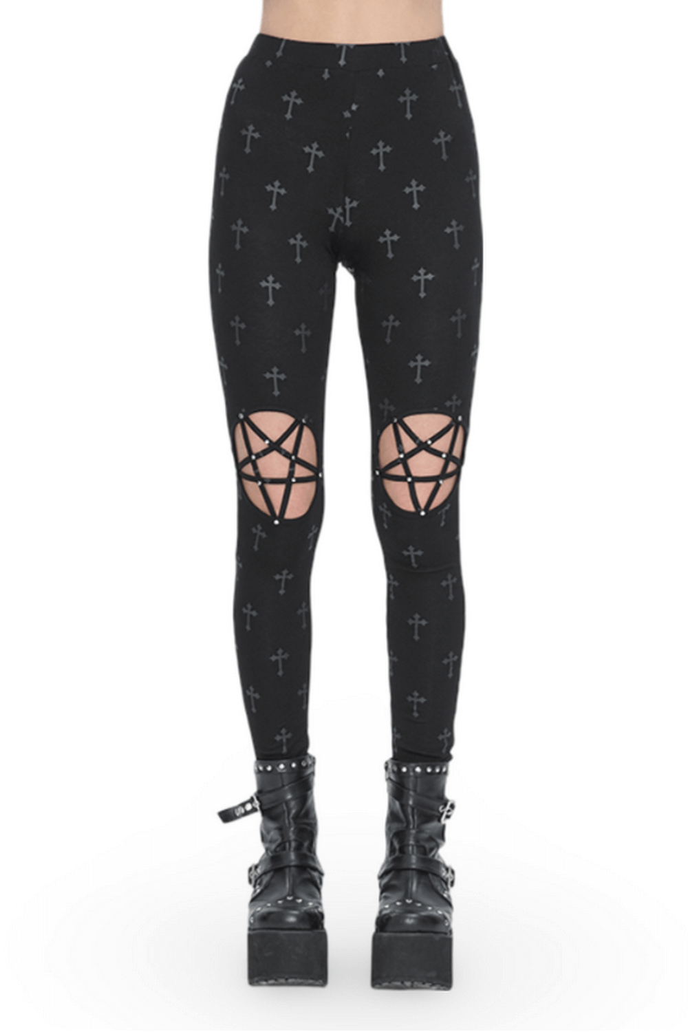 Gothic Style Cross Lace-up Leggings for Women with striking cross patterns and lace-up details.