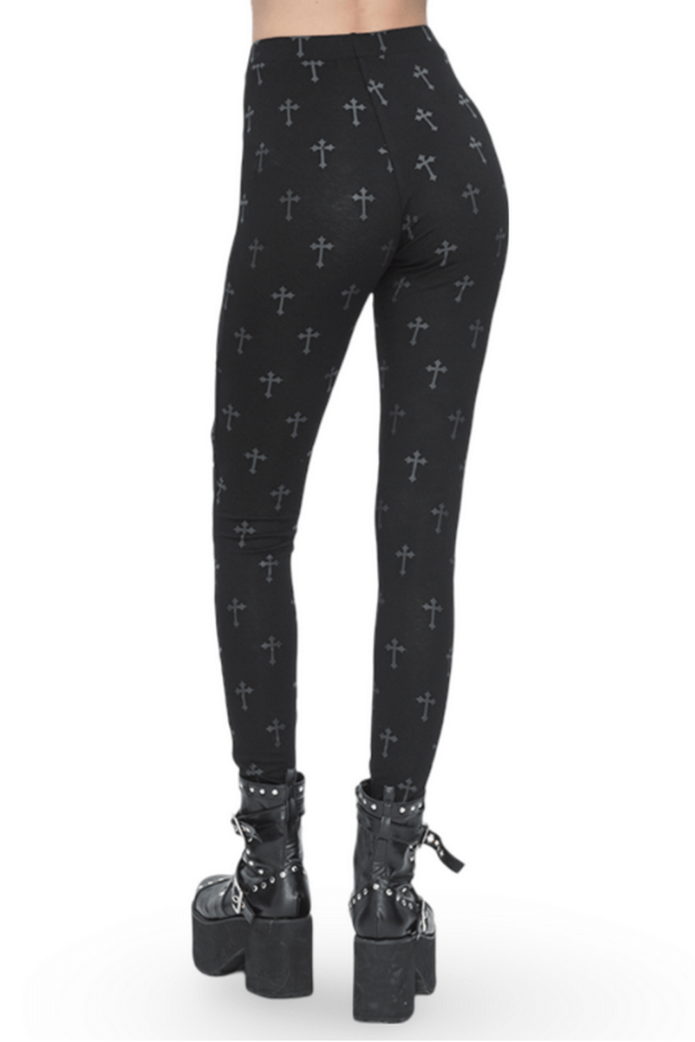 Gothic style cross lace-up leggings for women, featuring a black cross pattern and paired with chunky boots.