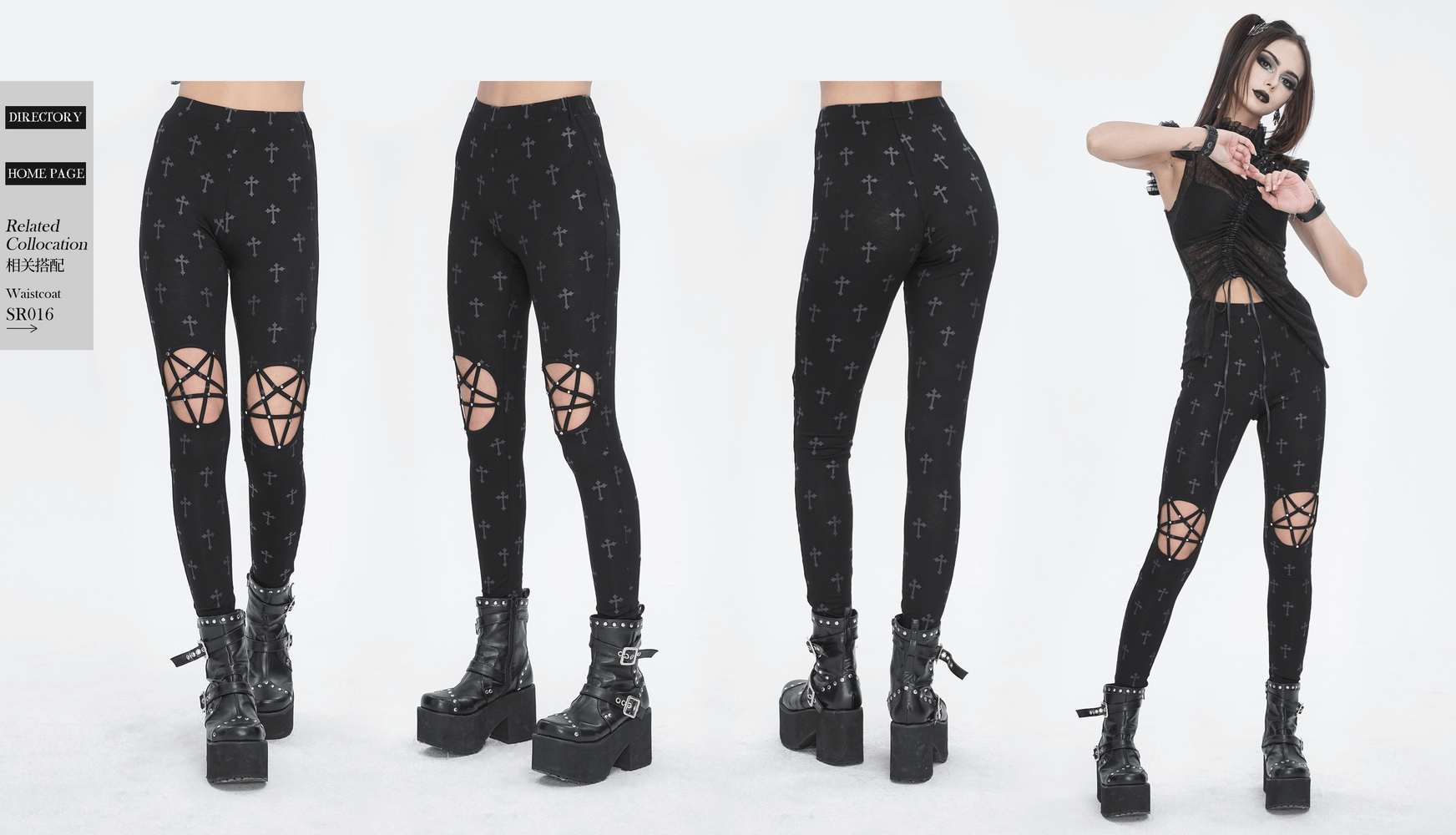 Gothic cross lace-up leggings for women, featuring cutouts and unique cross patterns, perfect for punk style outfits.