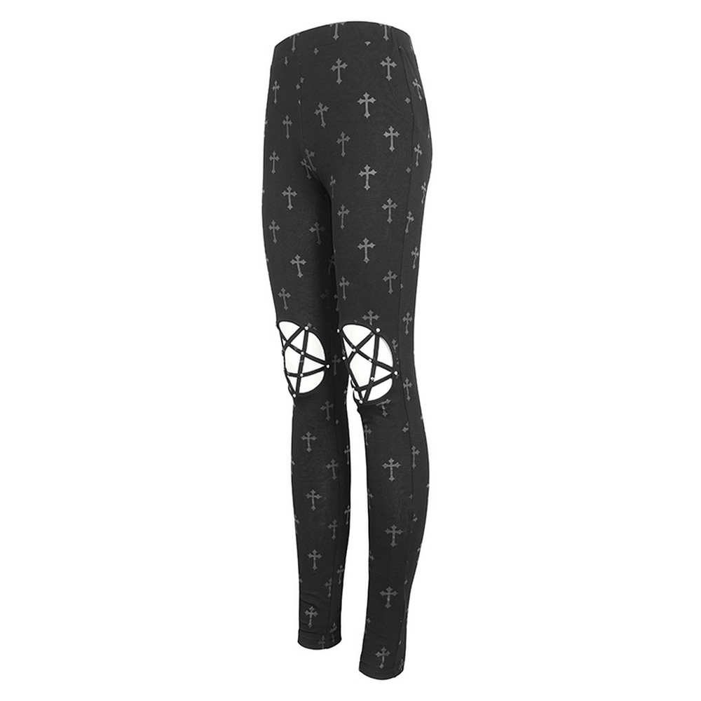 Gothic cross lace-up leggings for women, featuring a striking cross pattern and eye-catching knee cutouts.
