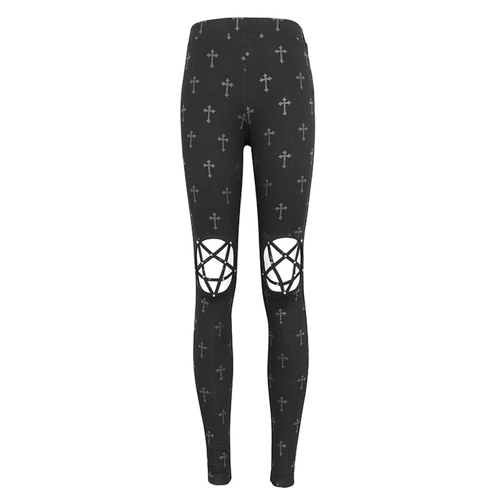 Gothic style cross lace-up leggings for women with bold cutouts and punk flair, perfect for dark aesthetic looks.