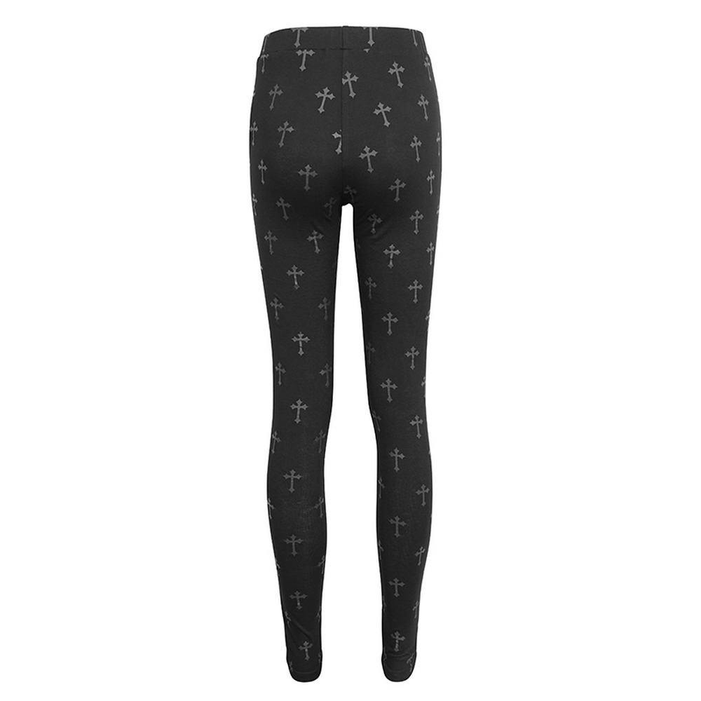 Black leggings with gothic cross pattern, featuring a stylish punk flair for bold fashion statements.