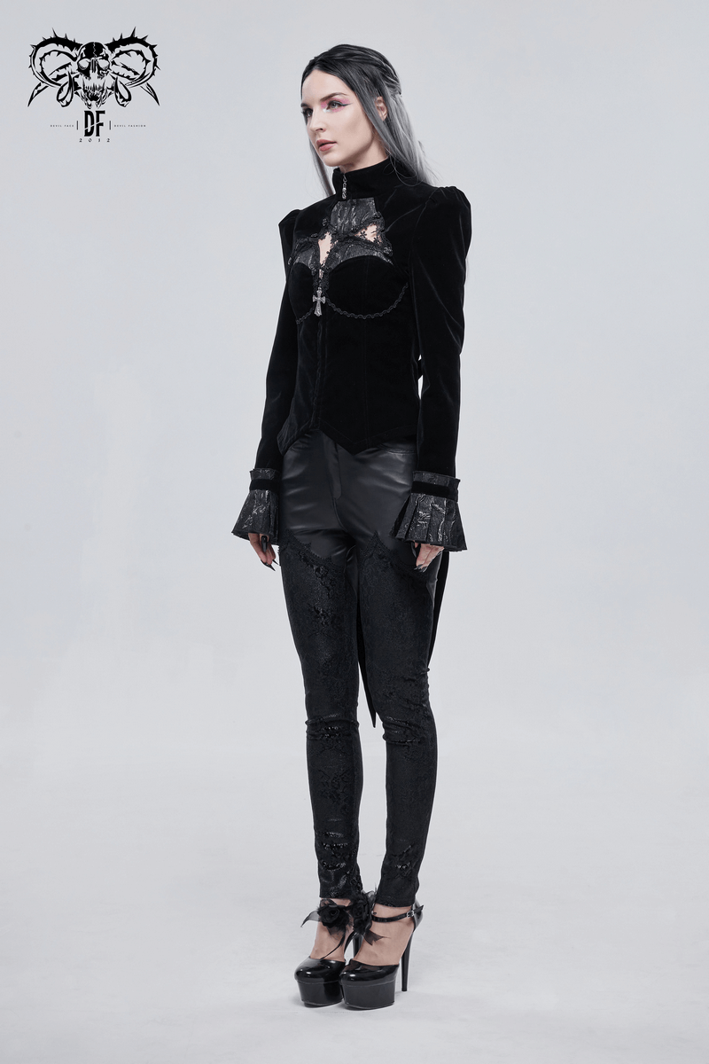 Gothic Style Cutout Splice Swallow-tailed Jacket / Appliqued Women's Velvet Jackets