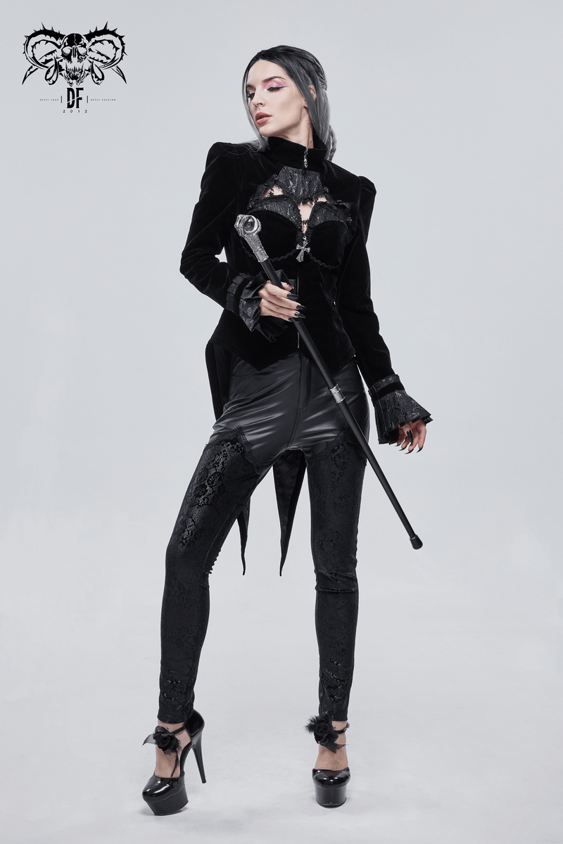 Gothic Style Cutout Splice Swallow-tailed Jacket / Appliqued Women's Velvet Jackets