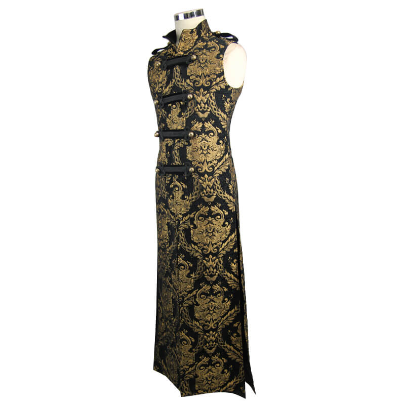 Gothic style men's sleeveless long coat with gold embroidery, elegant vintage outerwear for a sophisticated look.