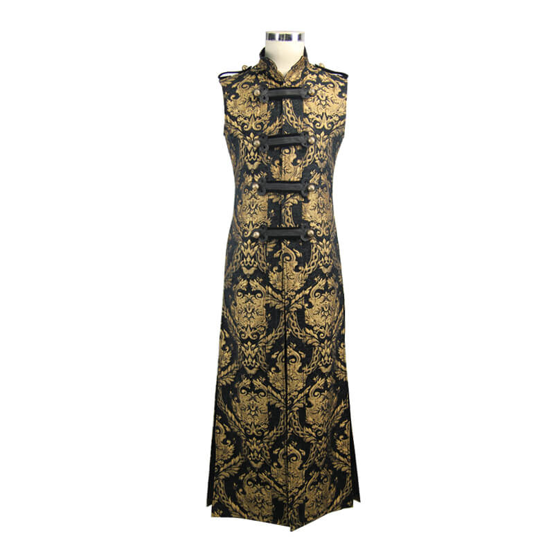 Gothic style sleeveless long coat with elegant gold embroidery for men, perfect for steampunk and vintage wardrobes.