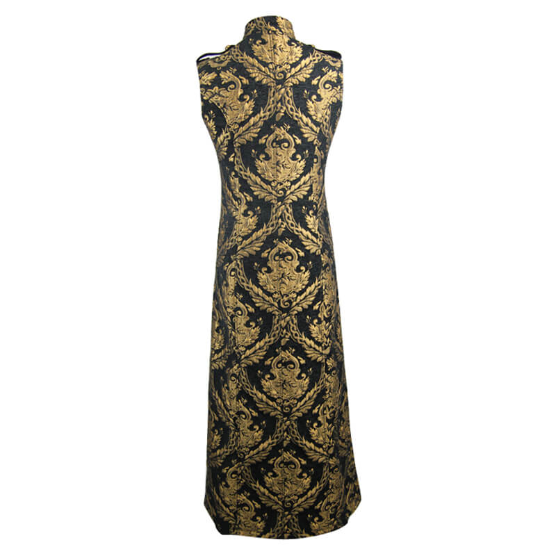 Gothic vintage men's sleeveless long coat with elegant black and gold embroidered design.