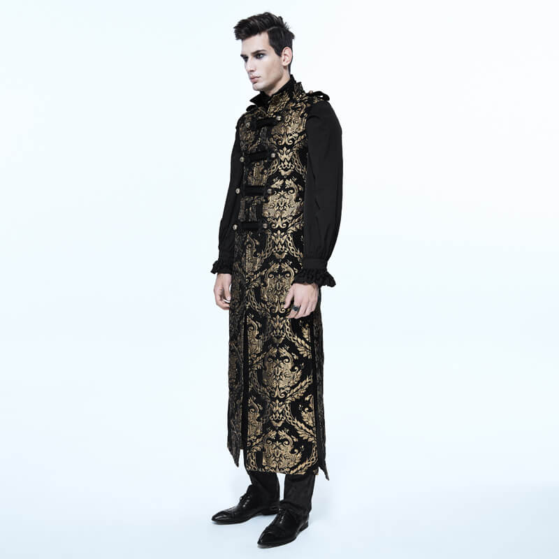 Gothic style men's sleeveless long coat with gold embroidery for a luxurious steampunk look.