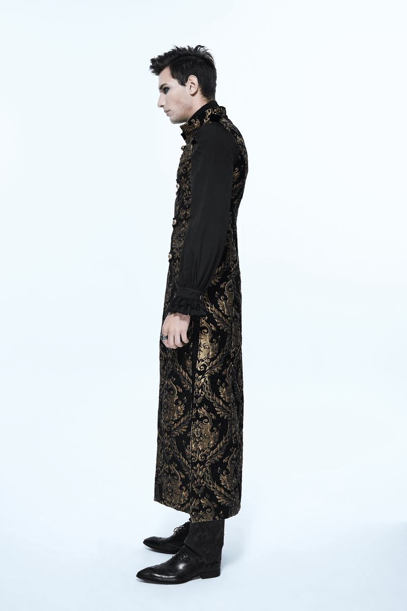 Gothic style men's sleeveless long coat in black and gold, showcasing retro elegance and luxurious embroidery.