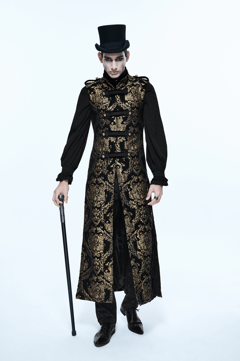 Gothic style male model in luxurious black and gold long coat with a top hat and cane, showcasing vintage elegance.