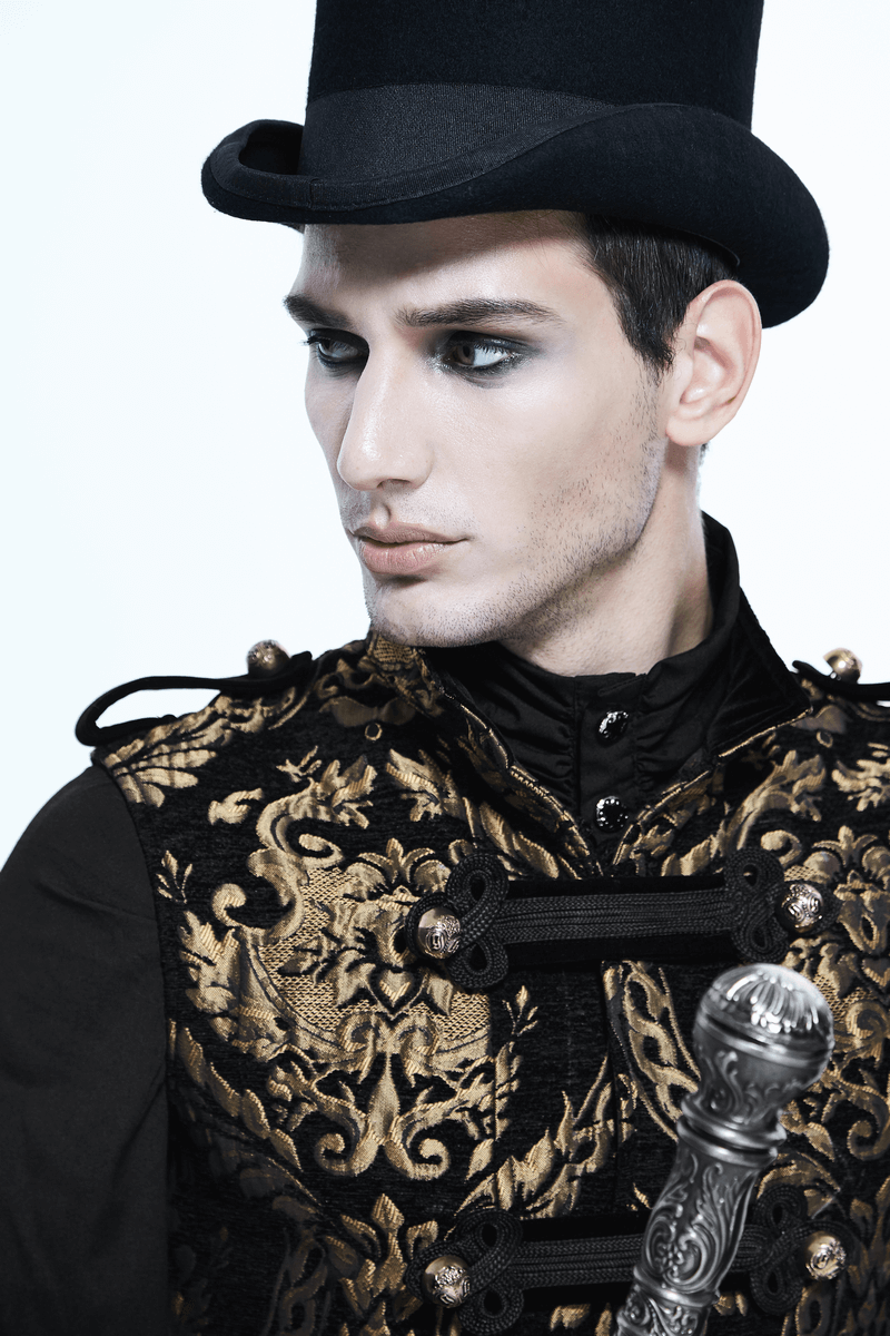 Male model in gothic embroidery coat with top hat and stylish cane, showcasing steampunk fashion elegance.