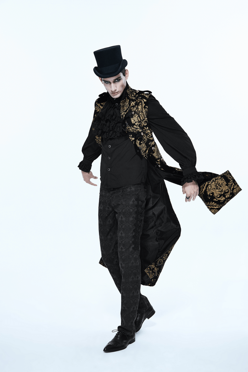 Gothic style male model in a sleeveless long coat with gold embroidery and a top hat, showcasing vintage elegance.