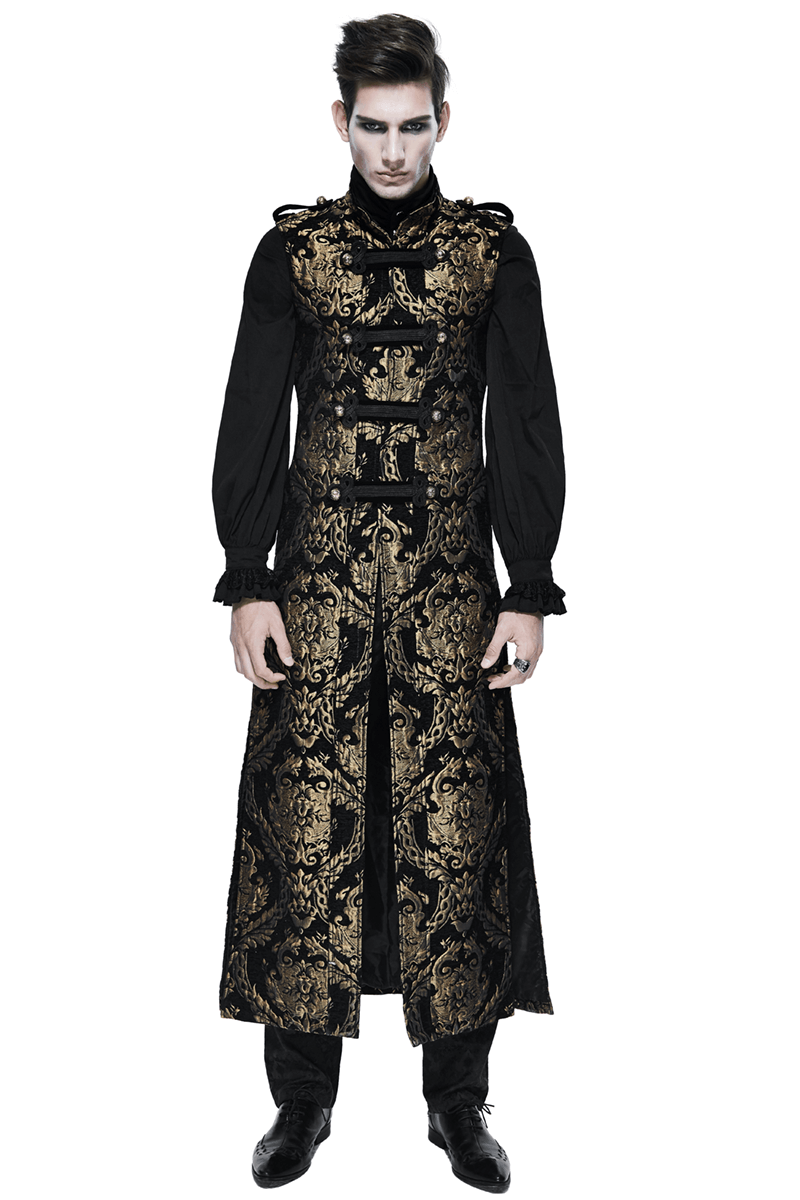 Gothic style male sleeveless long coat with luxurious gold embroidery, perfect for steampunk vintage outfits.
