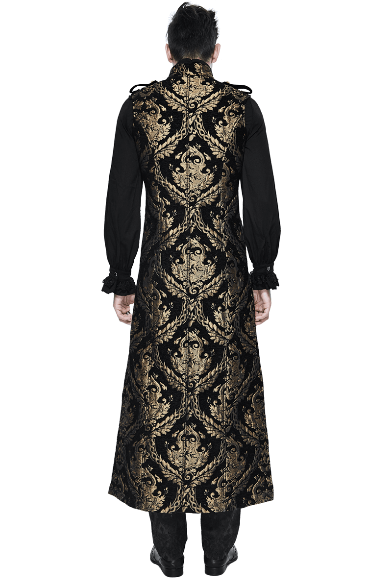 Back view of a Gothic style male sleeveless long coat with gold embroidery, perfect for adding vintage elegance.