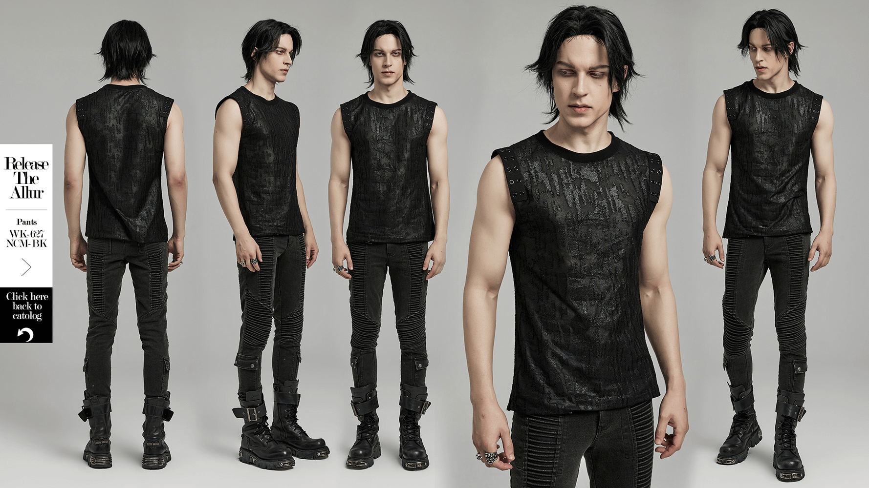 Black Gothic Eyelet Tank Top for Men with Tattered Fabric and Eyelet Webbing – Bold Fashion Statement in a Multi-Angle View.