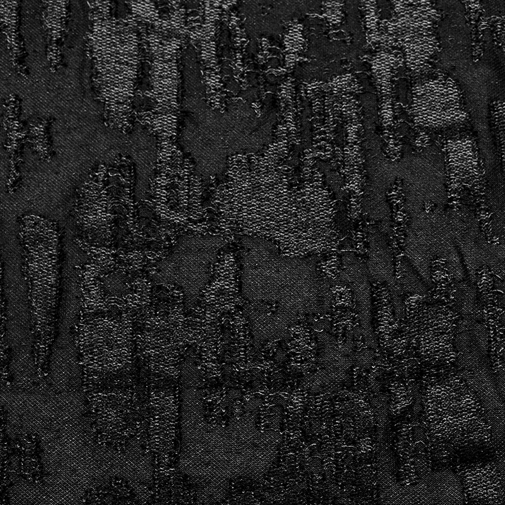 Close-up of textured, tattered black fabric with a gothic distressed design for men's eyelet tank top.