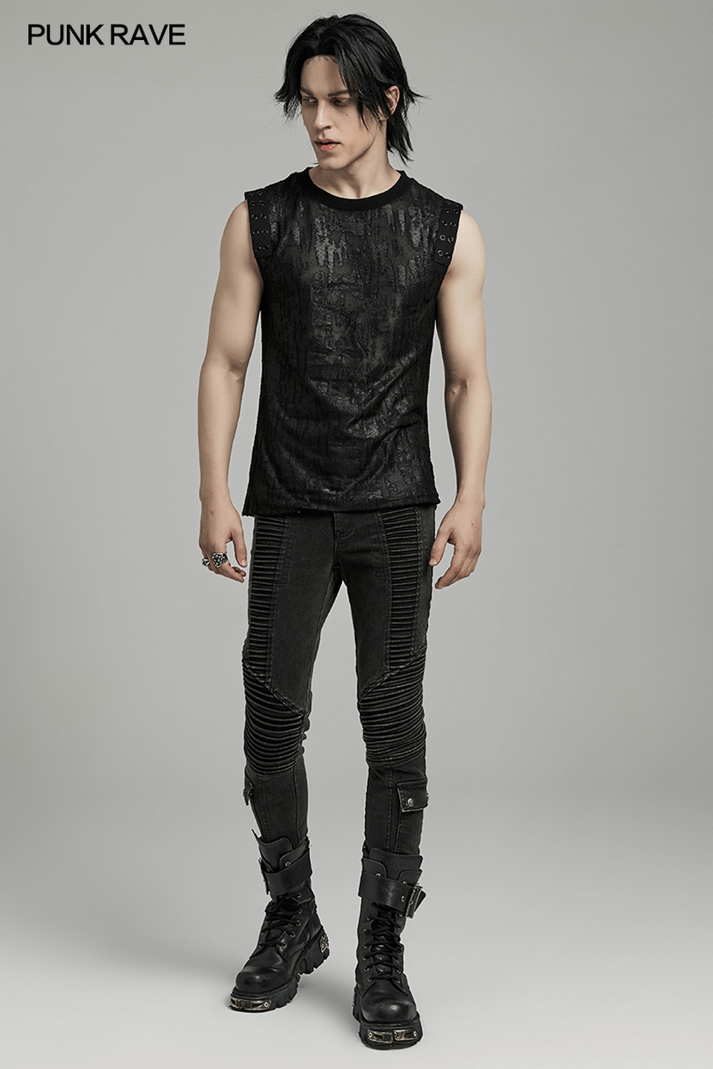 Gothic-style eyelet tank top in black for men featuring a distressed, textured look with sleeveless design and webbed shoulder details.