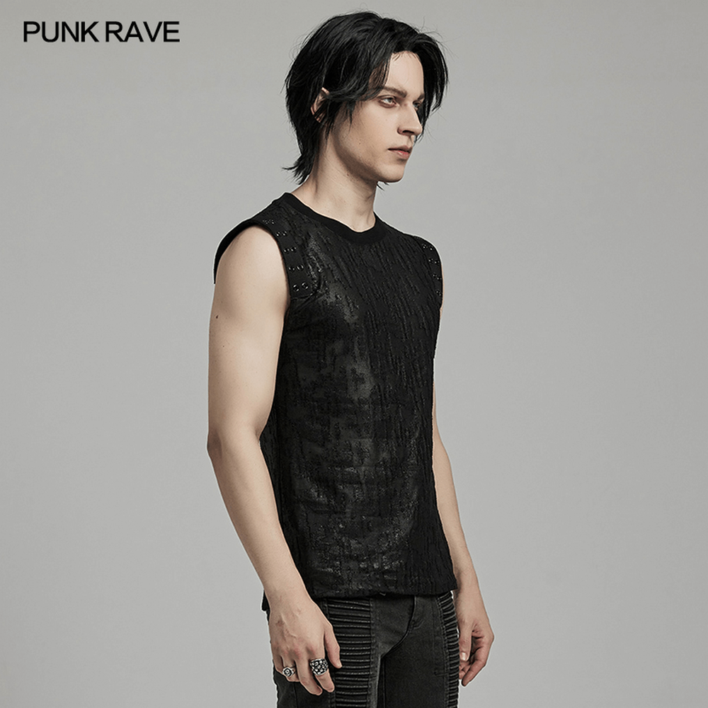 Gothic style black eyelet tank top for men with textured fabric and webbing details, perfect for a rebellious fashion statement.
