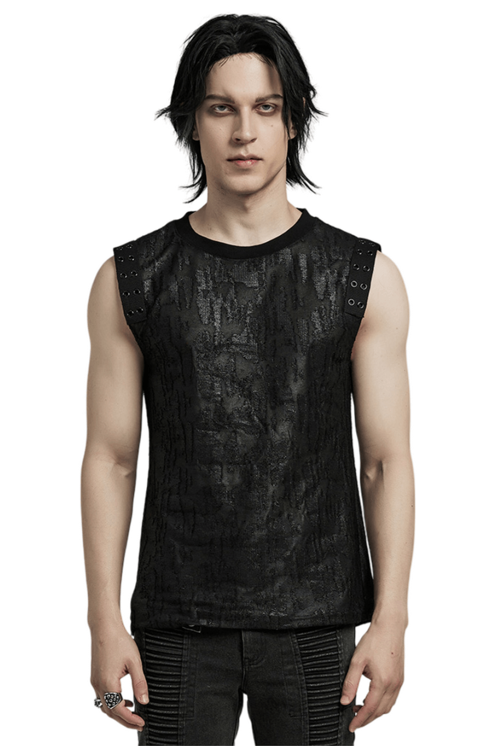 Men’s Gothic Eyelet Tank Top in black with textured, tattered fabric and shoulder eyelet detail, showcasing bold, rebellious style.