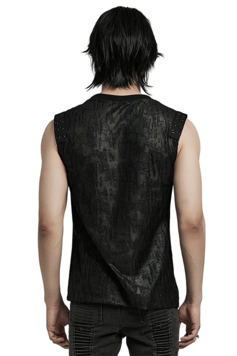 Gothic eyelet tank top for men in black, featuring textured fabric and shoulder detail, perfect for bold fashion enthusiasts.