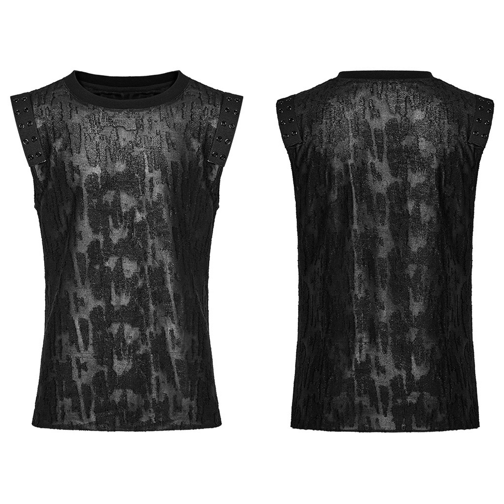 Gothic black eyelet tank top for men, featuring a distressed tattered texture and shoulder webbing, ideal for bold fashion lovers.