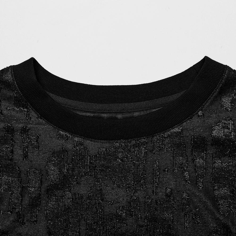 Close-up of black Gothic style tank top with eyelet detail and textured, tattered fabric for men.