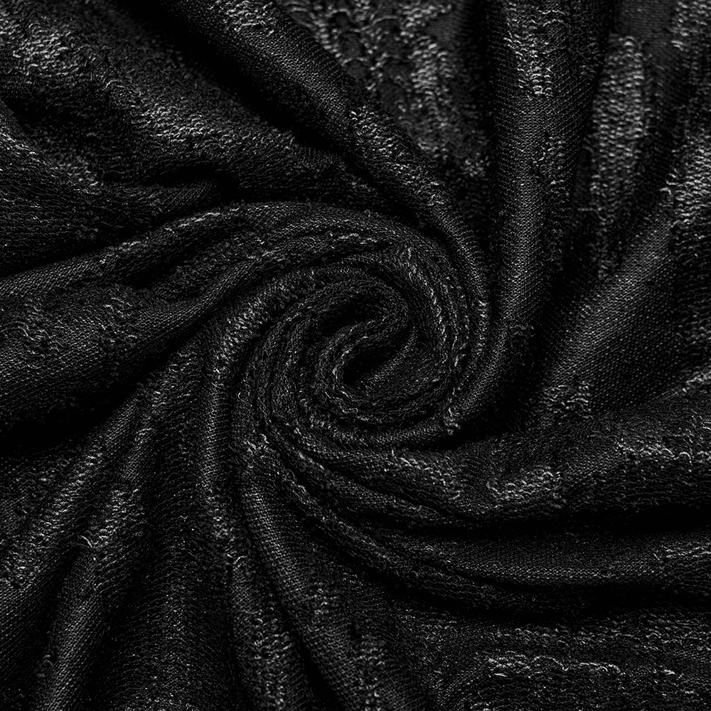 Close-up of black textured fabric with intricate tattered design for men's Gothic eyelet tank top.
