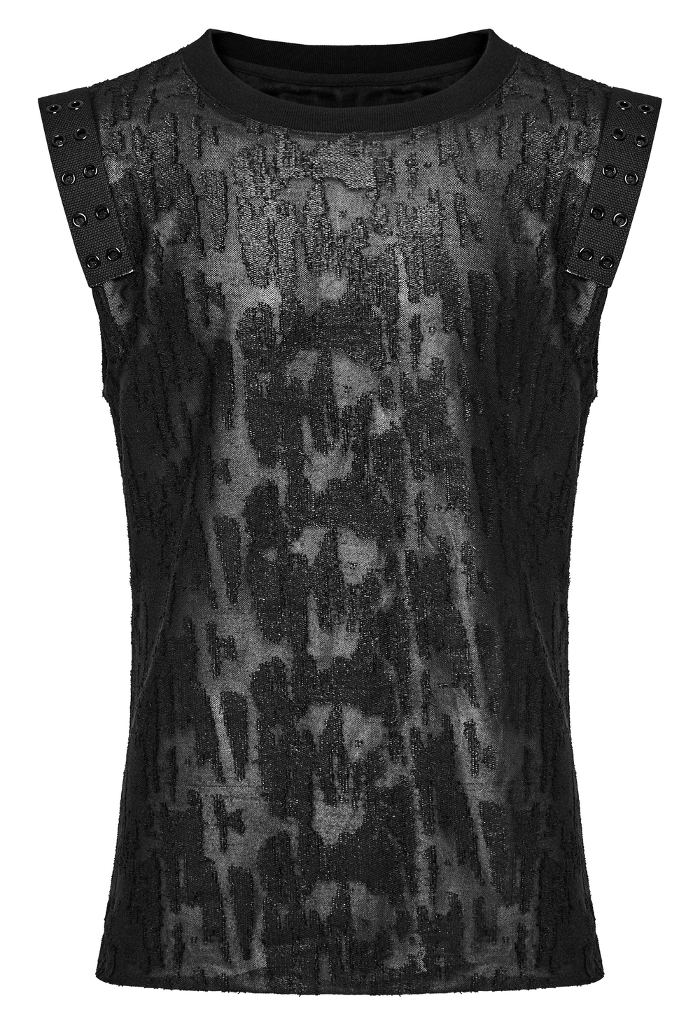 Men's black Gothic eyelet tank top with textured, tattered fabric and shoulder details for a bold, rebellious style.