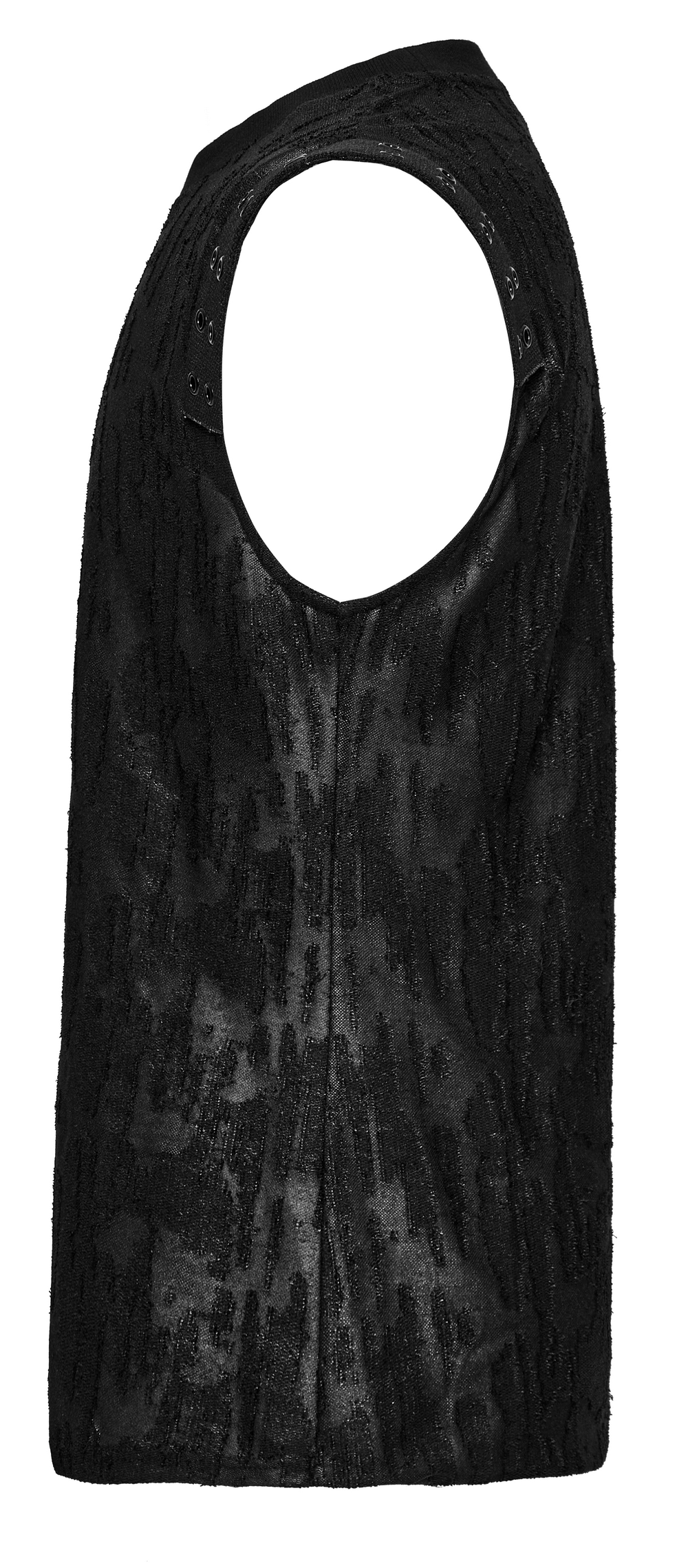 Gothic style black eyelet tank top for men with tattered, textured fabric and distressed design. Bold, rebellious fashion statement.