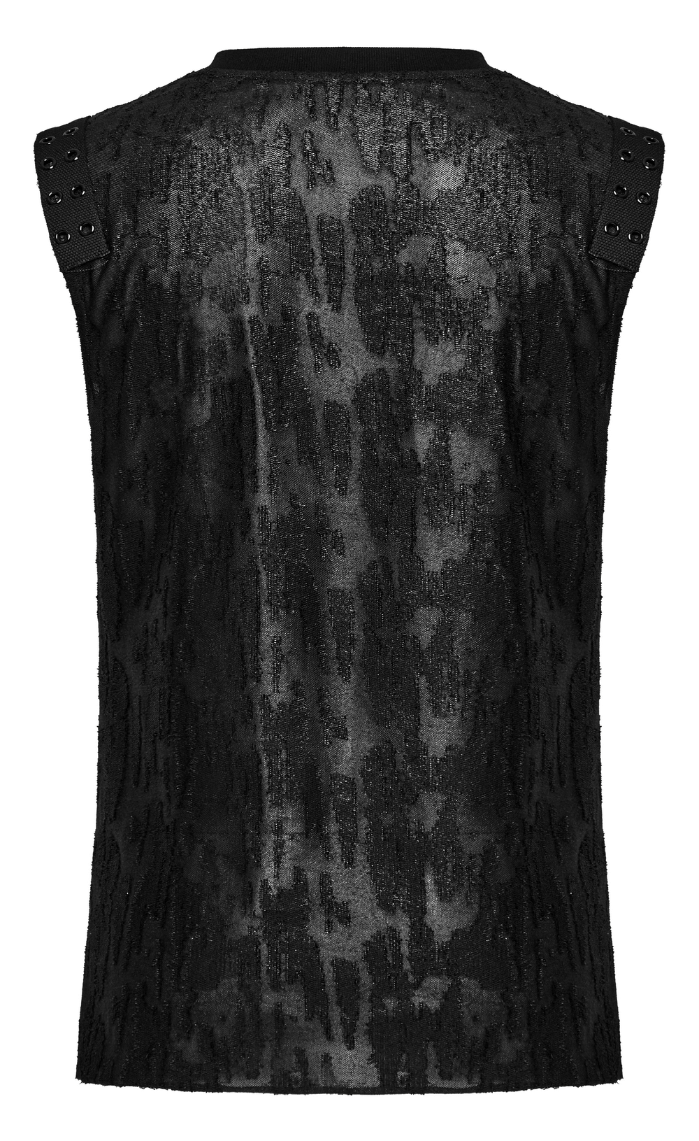 Men's black gothic eyelet tank top with textured fabric and shoulder webbing, showcasing a bold and rebellious style.
