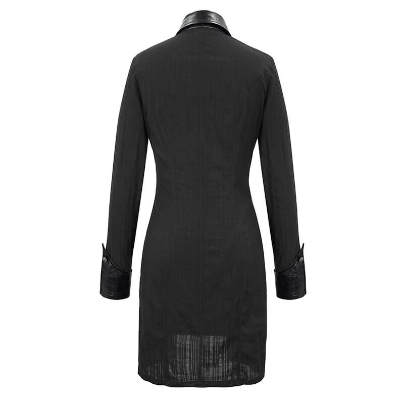 Back view of a women's gothic style black dress with lapel and leather-like details, perfect for punk rock outfits.