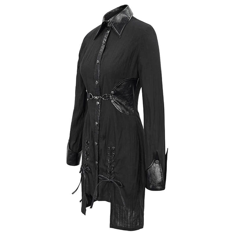 Gothic style black long blouse dress for women with lace-ups and silver rivets for a punk rock look.