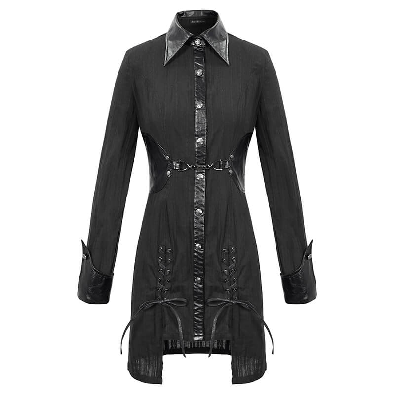 Gothic style black women's shirt dress with lapel, lace-ups, and silver rivets for punk rock fashion.