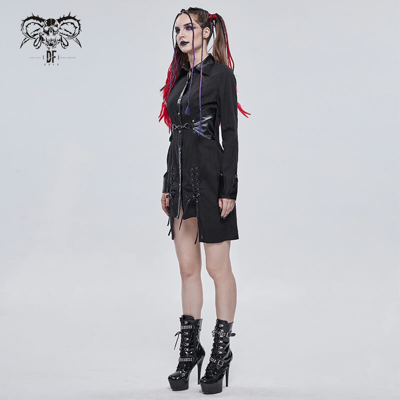 Gothic style female shirt dress in black, featuring lace-ups and silver rivets, perfect for punk rock outfits.