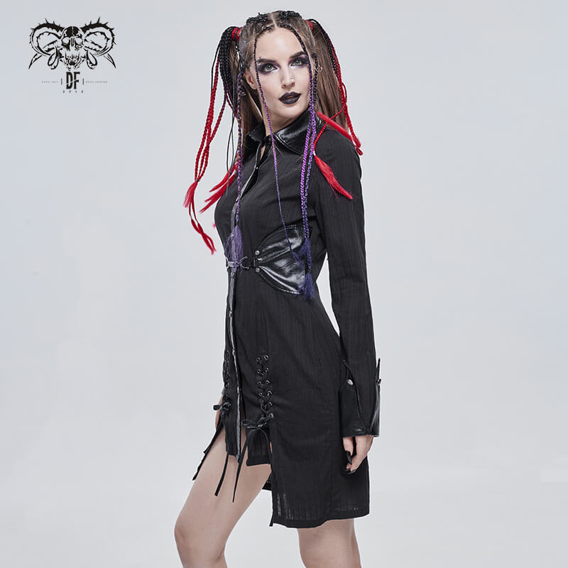 Gothic style black shirt dress with lace-ups, perfect for punk rock outfits on a stylish model.
