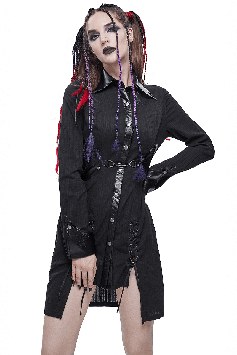 Gothic style female black shirt dress with lace-ups and rivets, perfect for punk rock outfits.