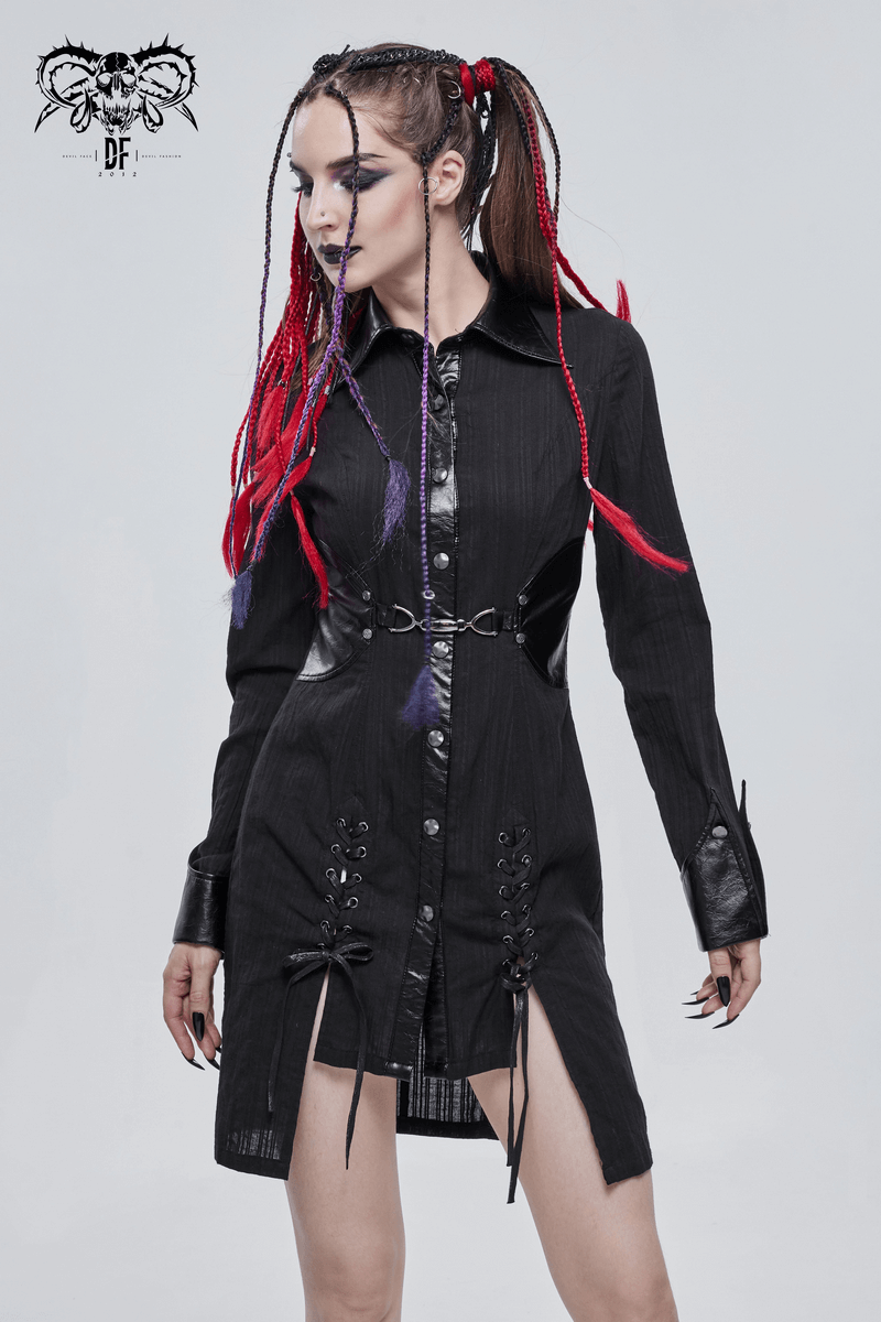Punk rock style black shirt dress for women, featuring lace-ups and stylish silver rivets for a bold look.