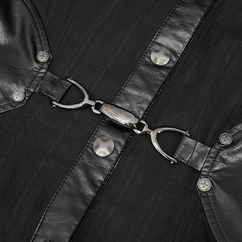 Close-up of silver rivet and latch detail on a gothic style black dress, showcasing punk rock fashion.
