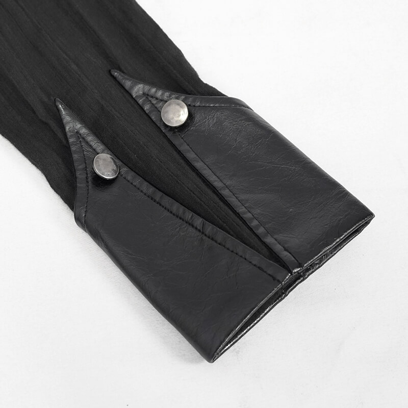 Close-up of black gothic shirt dress cuffs with silver buttons, showcasing punk rock style details.