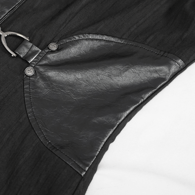 Close-up of gothic style black dress pocket with leather detail and stylish buttons, perfect for punk rock fashion.