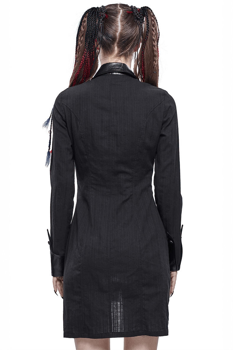 Gothic Style Female Shirt Dress with Lapel / Punk Rock Black Long Blouse for Women - HARD'N'HEAVY