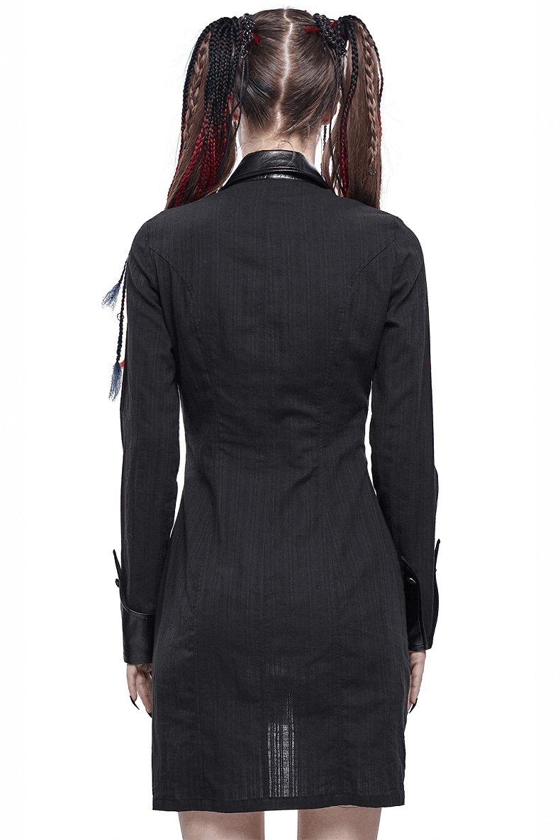 Back view of a Gothic style female black shirt dress with lapel, perfect for punk rock fashion.